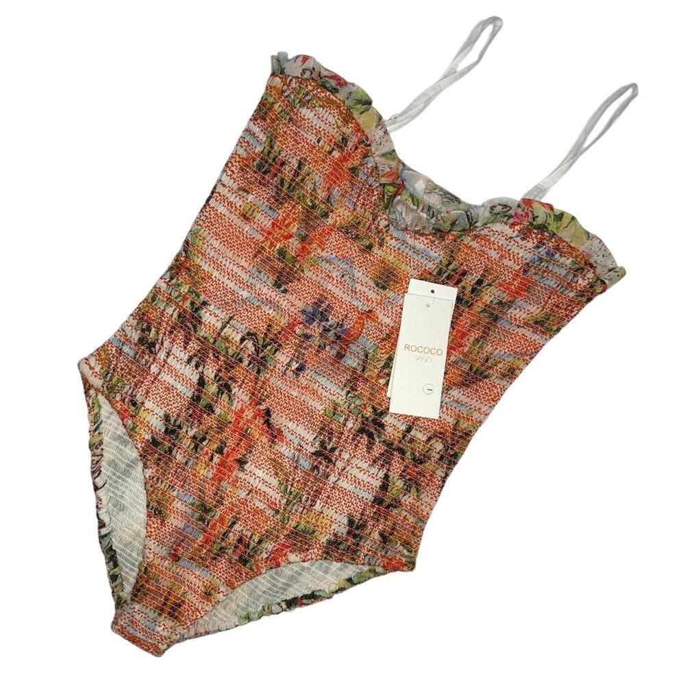 Rococo Sand Smocked Floral One Piece Bodysuit Ruched Straps Ruffle Trim‎ Small